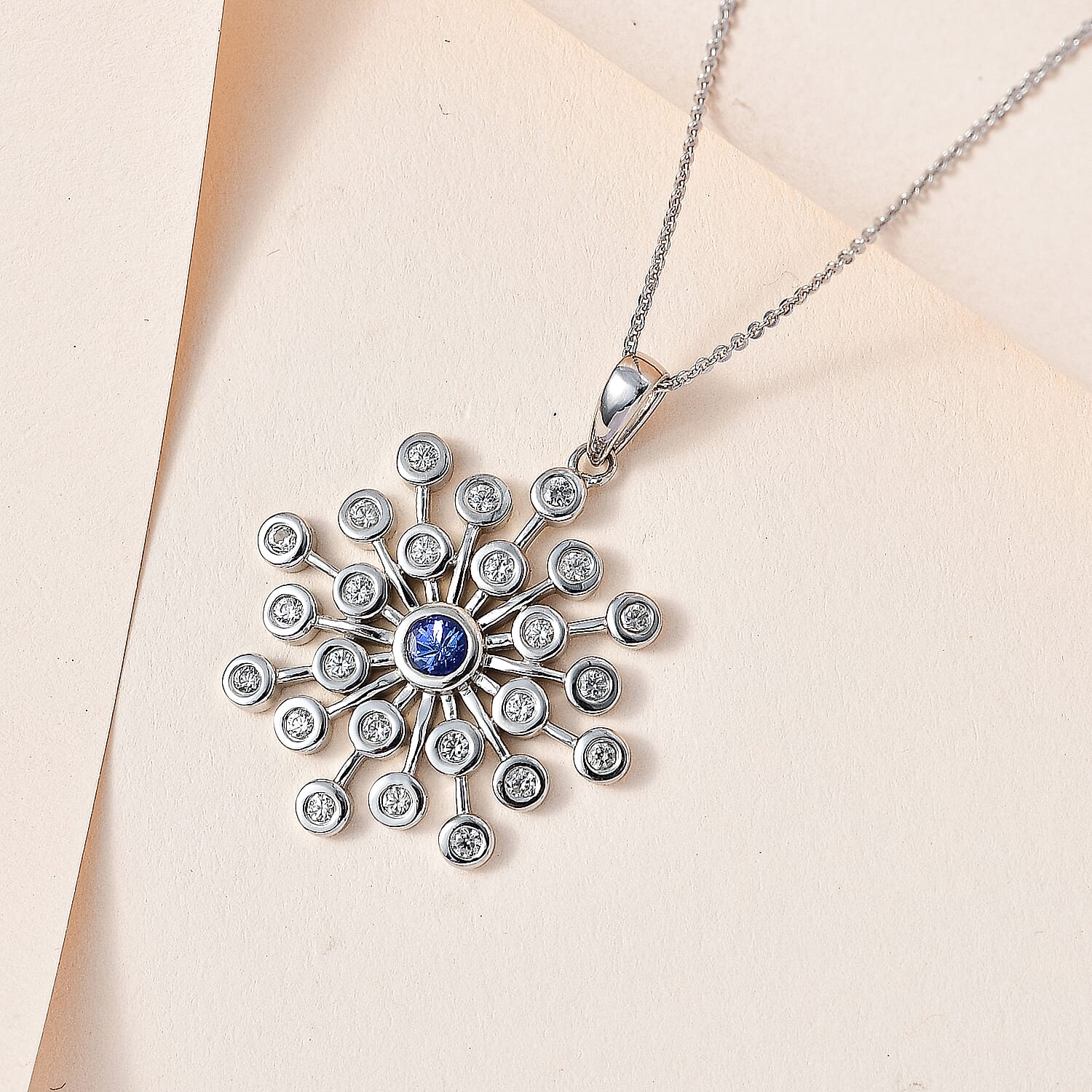 Tanzanite & Natural Zircon Snowflake Pendant with Chain (Size 20) in Platinum Overlay Sterling Silver 1.55 Ct, Silver Wt. 7.20 Gms