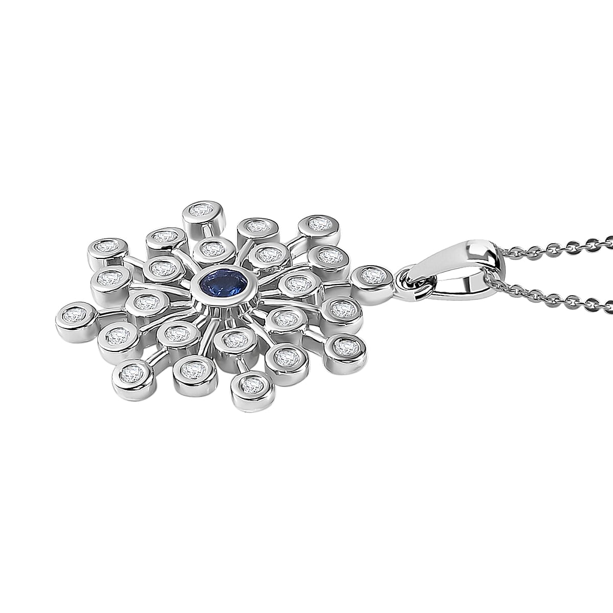 Tanzanite & Natural Zircon Snowflake Pendant with Chain (Size 20) in Platinum Overlay Sterling Silver 1.55 Ct, Silver Wt. 7.20 Gms