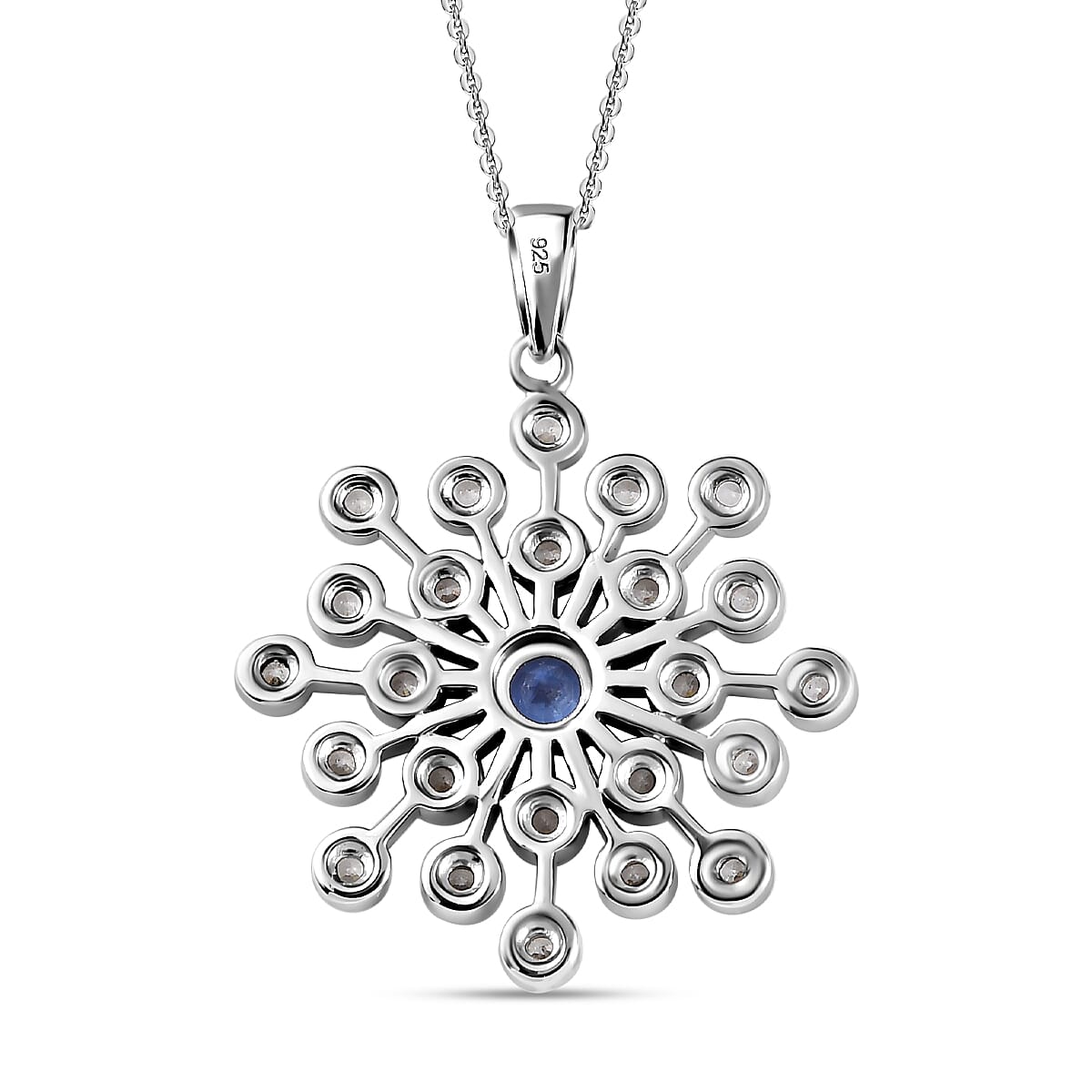 Tanzanite & Natural Zircon Snowflake Pendant with Chain (Size 20) in Platinum Overlay Sterling Silver 1.55 Ct, Silver Wt. 7.20 Gms