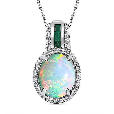 Ethiopian Welo Opal, Zambian Emerald & Natural Zircon Pendant with Chain (Size 20) in Platinum Overlay Sterling Silver 2.84 Ct, Silver Wt 5.33 GM