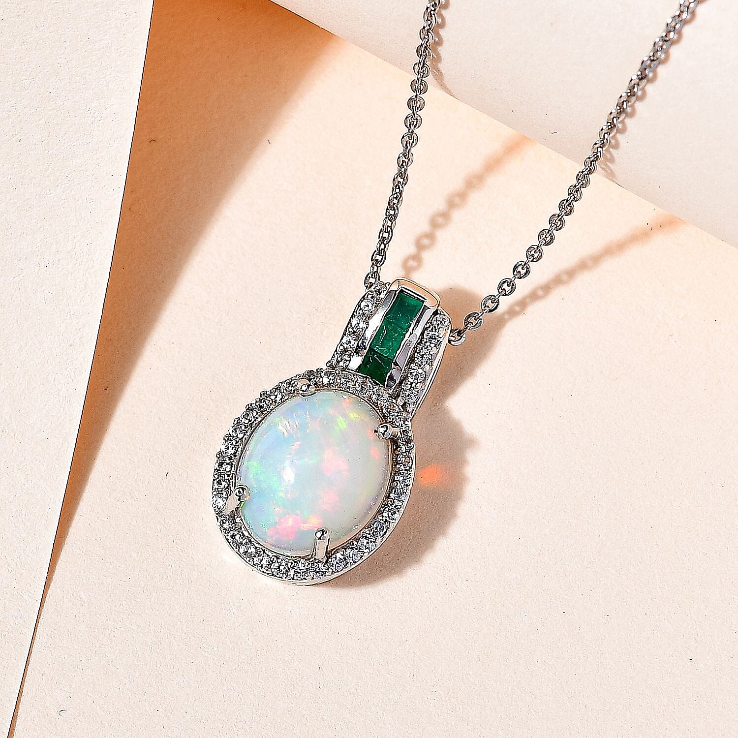 Ethiopian Welo Opal, Zambian Emerald & Natural Zircon Pendant with Chain (Size 20) in Platinum Overlay Sterling Silver 2.84 Ct, Silver Wt 5.33 GM