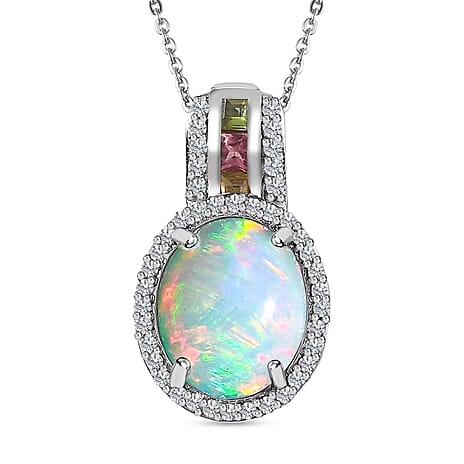 Ethiopian Welo Opal, Multi-Tourmaline and Zircon Pendant with Chain (Size 20) in Platinum Overlay Sterling Silver 2.80 Ct Ethiopian Welo Opal, Multi-Tourmaline and Zircon Pendant with Chain (Size 20) in Platinum Overlay Sterling Silver 2.80 Ct