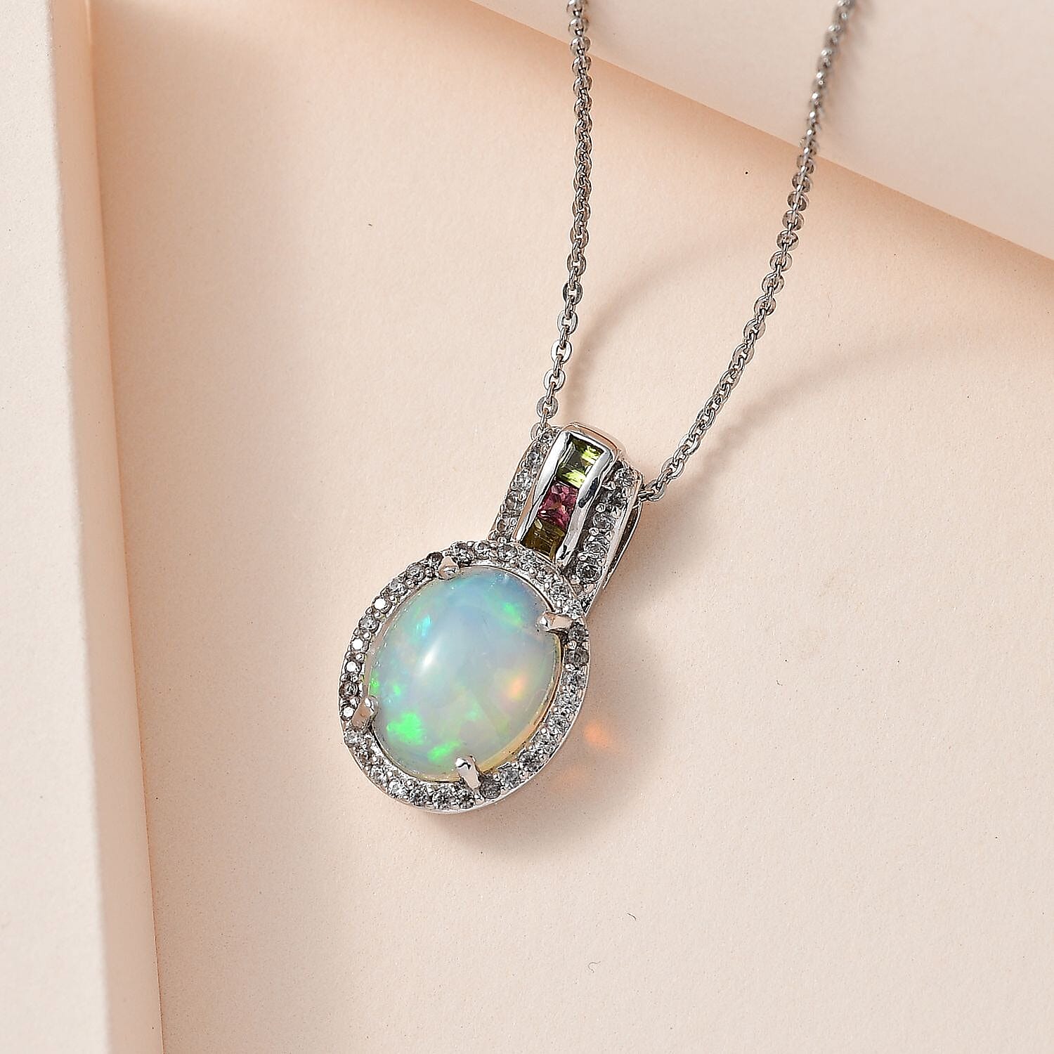 Ethiopian Welo Opal, Multi-Tourmaline and Zircon Pendant with Chain (Size 20) in Platinum Overlay Sterling Silver 2.80 Ct