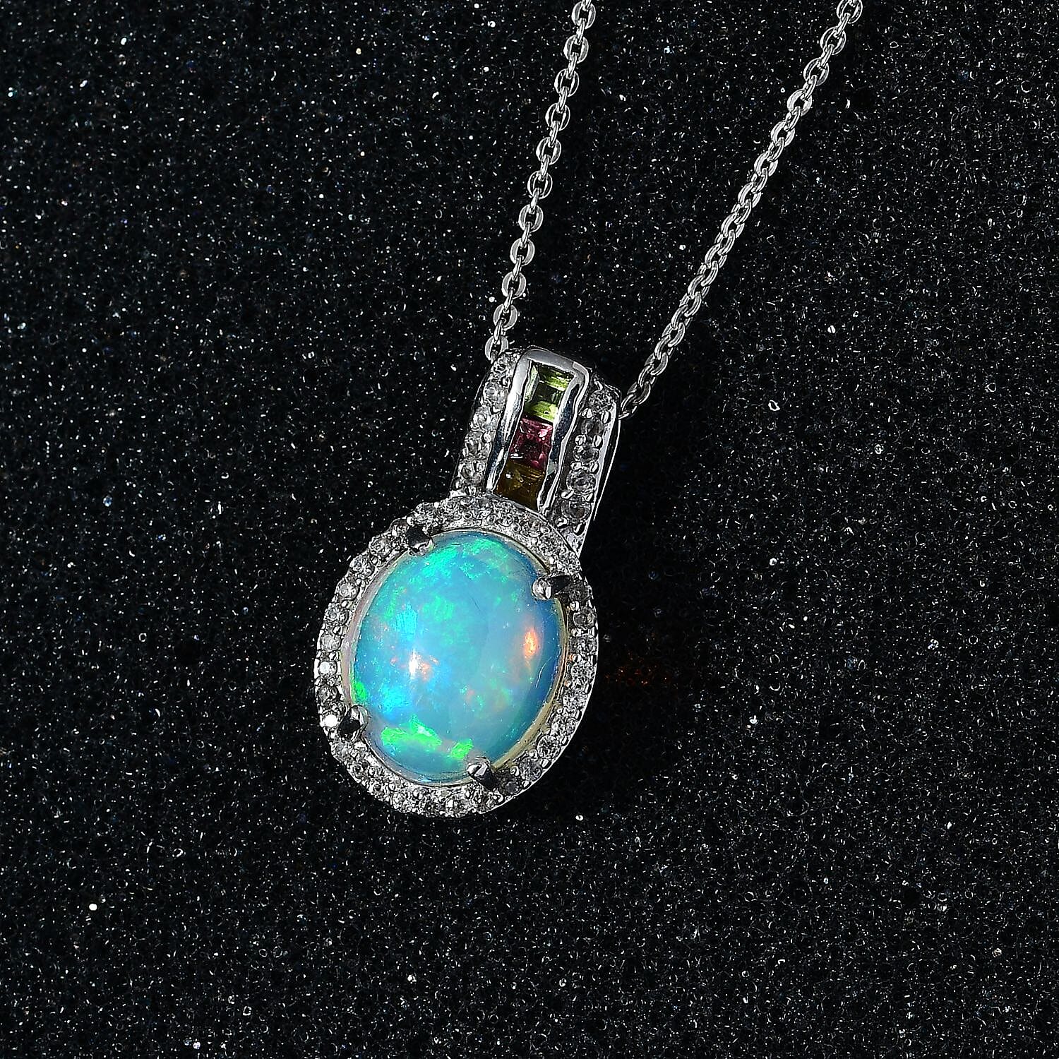 Ethiopian Welo Opal, Multi-Tourmaline and Zircon Pendant with Chain (Size 20) in Platinum Overlay Sterling Silver 2.80 Ct
