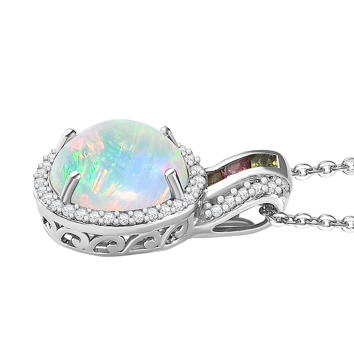 Ethiopian Welo Opal, Multi-Tourmaline and Zircon Pendant with Chain (Size 20) in Platinum Overlay Sterling Silver 2.80 Ct