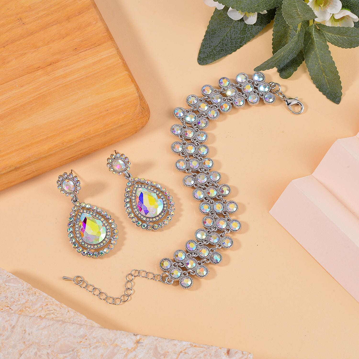 2 Piece Set - Mystic White Austrian Crystal Bracelet (Size 7.5-2) and  Dangle Earrings