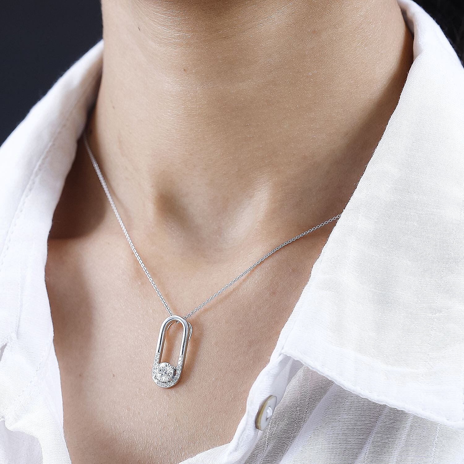 Moissanite Loop Pendant with Chain (Size 20) in Platinum Overlay Sterling Silver