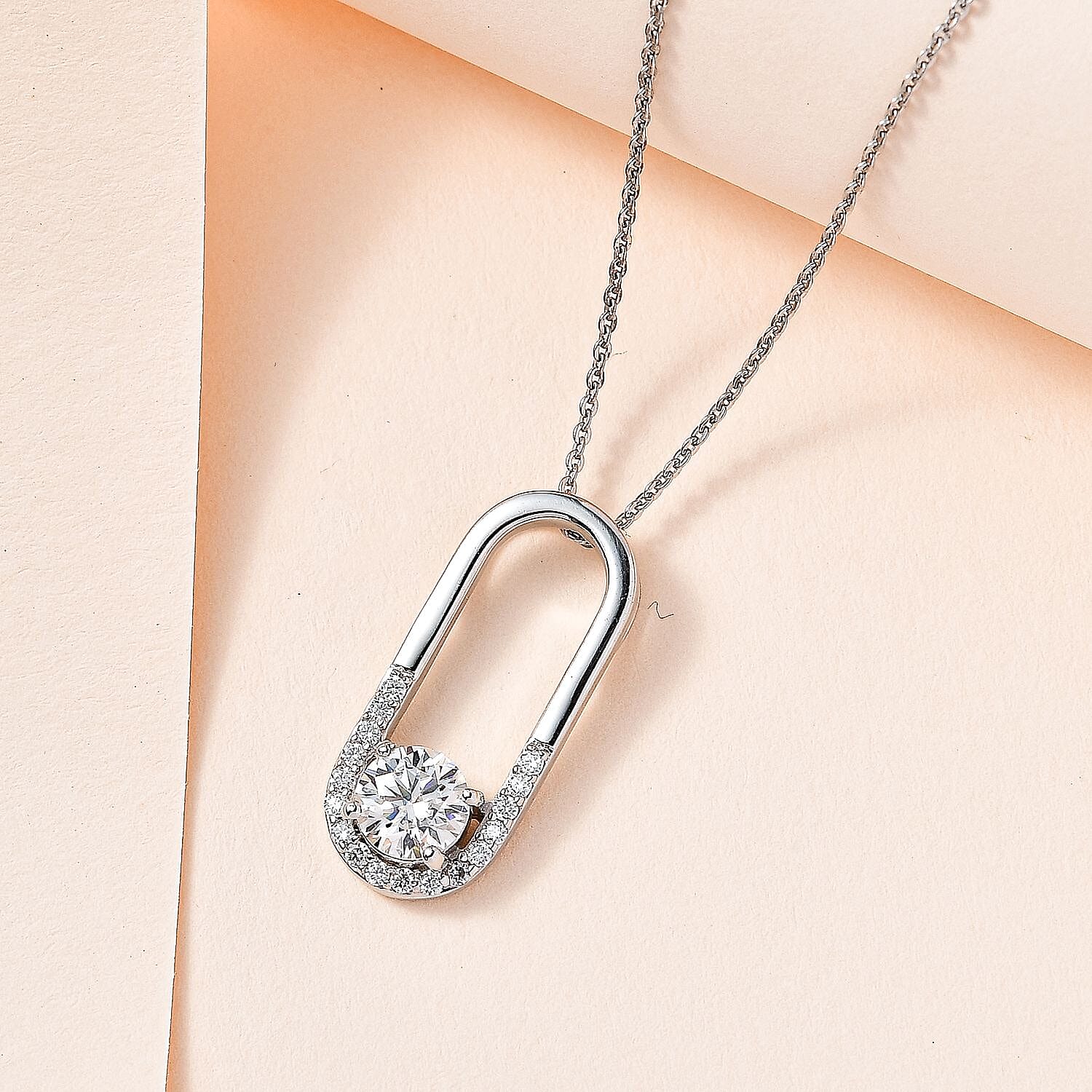 Moissanite Loop Pendant with Chain (Size 20) in Platinum Overlay Sterling Silver