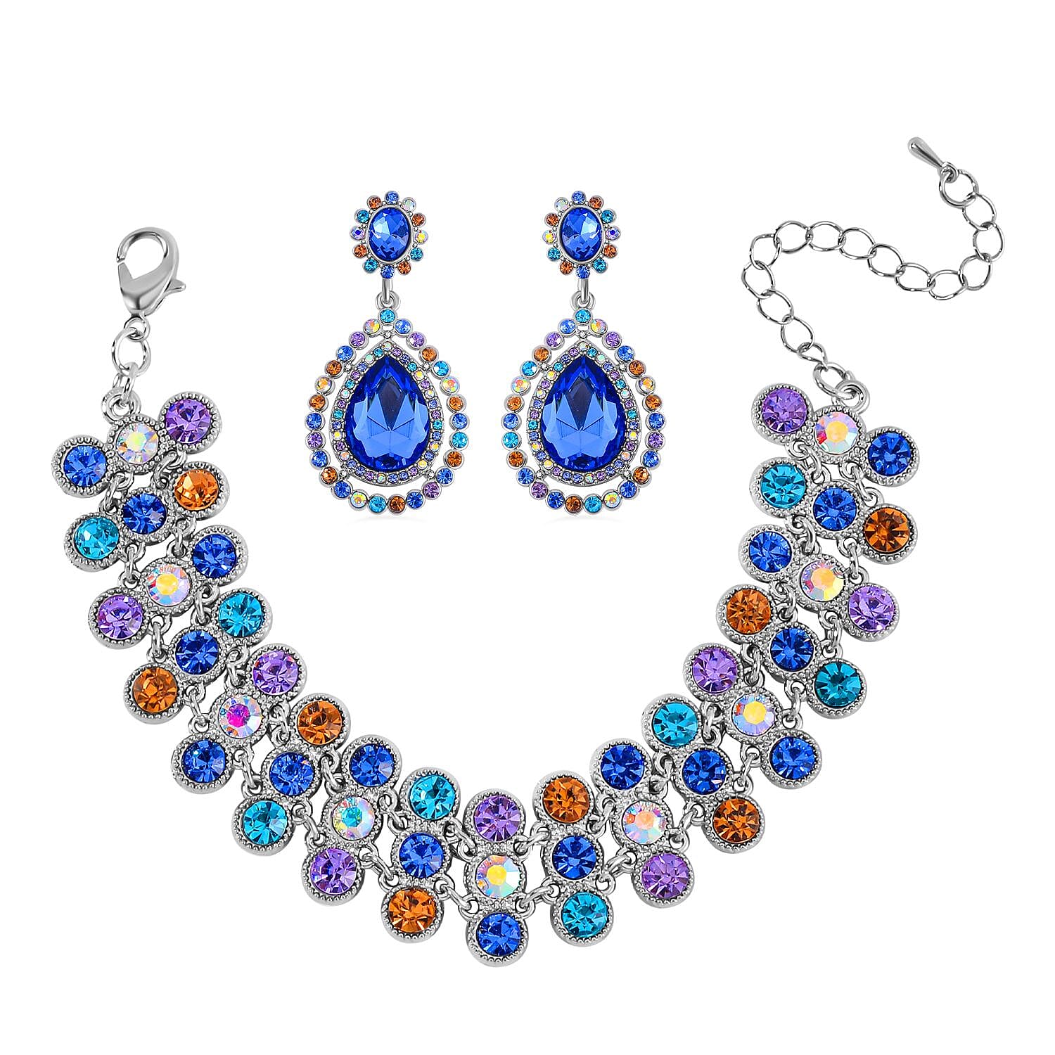 2 Piece Set - Blue & Multi Color Austrian Crystal Bracelet and Earrings