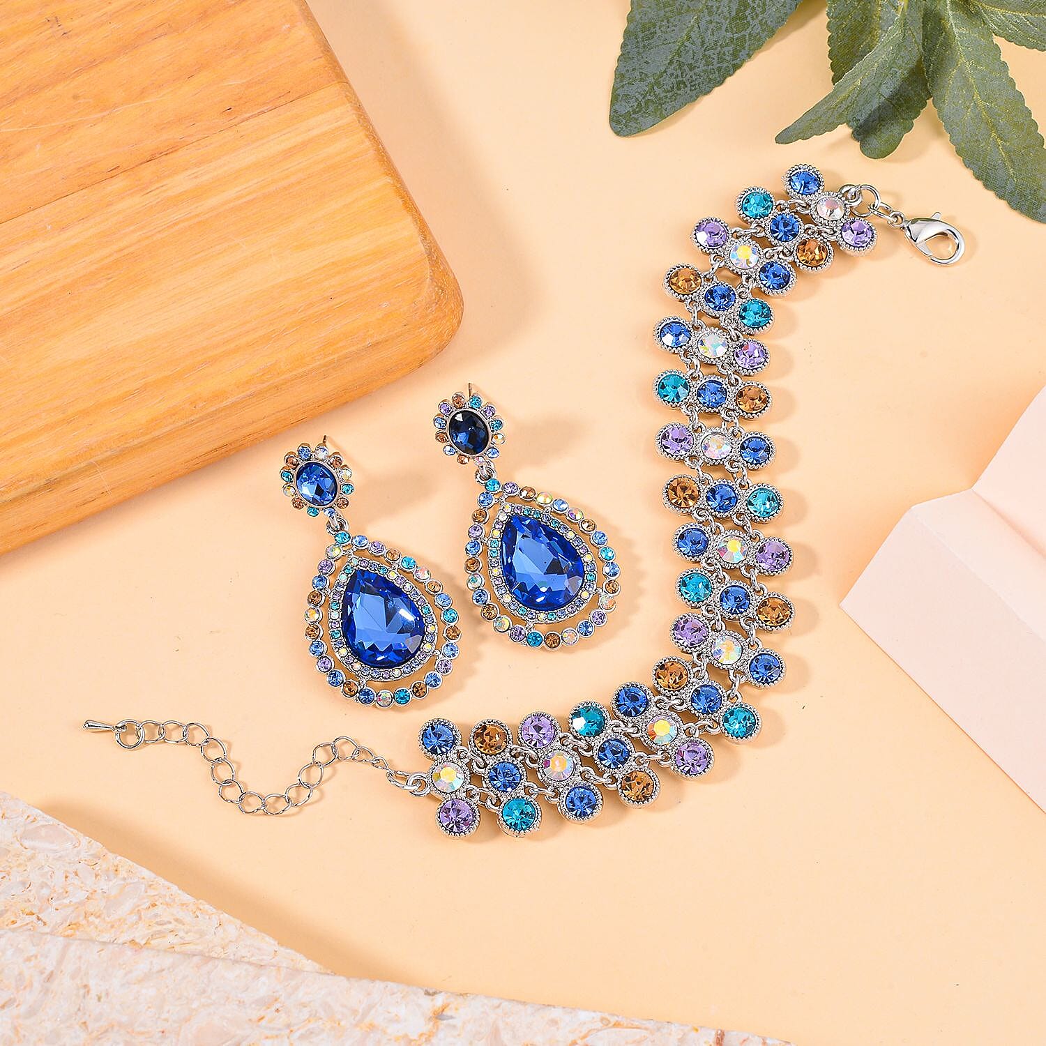 2 Piece Set - Blue & Multi Color Austrian Crystal Bracelet and Earrings