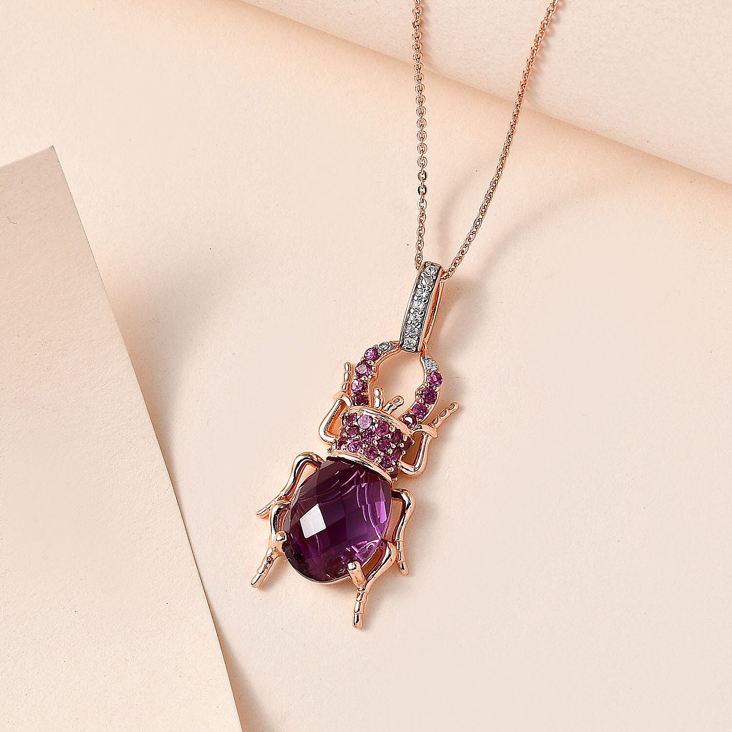 GP Collection - Beetle Amethyst, Rhodolite Garnet & Natural Zircon Pendant with Chain (Size 20) in 18K Vermeil RG Plated Sterling Silver 6.31 Ct, Silver Wt. 8.10 Gms