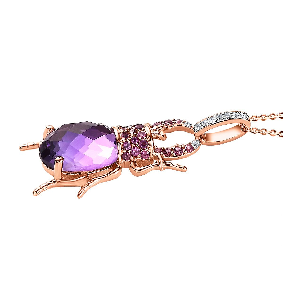 GP Collection - Beetle Amethyst, Rhodolite Garnet & Natural Zircon Pendant with Chain (Size 20) in 18K Vermeil RG Plated Sterling Silver 6.31 Ct, Silver Wt. 8.10 Gms