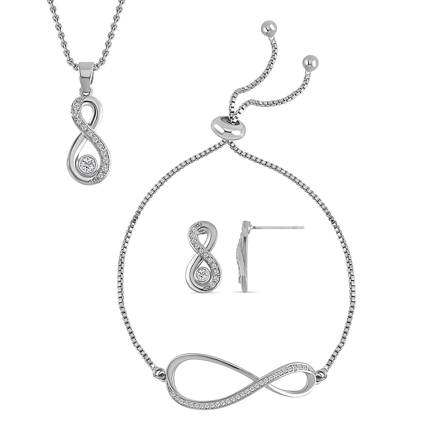 Lustro Stella- 3 Piece Set - Cubic Zirconia Necklace (Size 20-2) and Adjustable Bracelet (Size 6-8) and Earrings