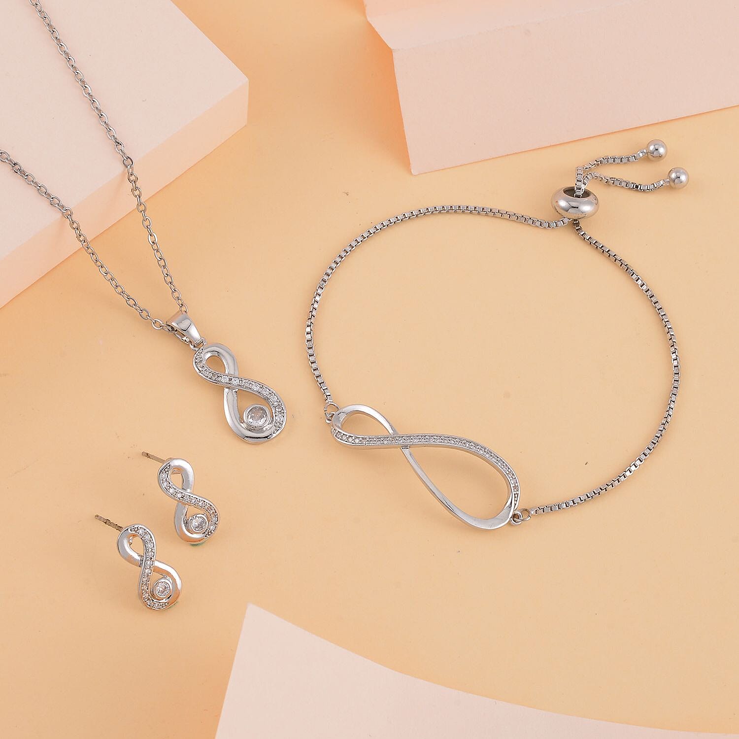Lustro Stella- 3 Piece Set - Cubic Zirconia Necklace (Size 20-2) and Adjustable Bracelet (Size 6-8) and Earrings