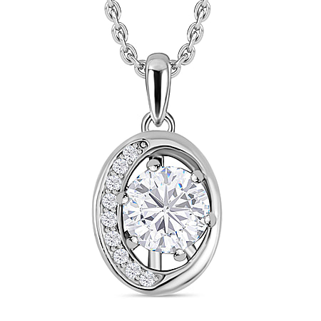 Lucy Q Fluid Collection - Moissanite Pendant with Chain (Size 26) in Platinum Overlay Sterling Silver