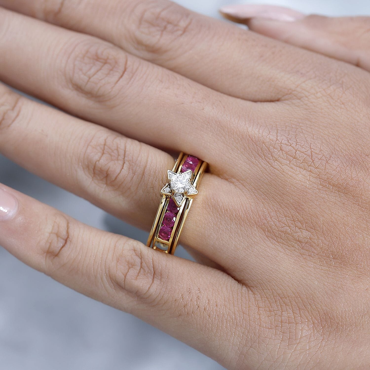 GP Celestial Collection - Set of 2 -  African Ruby & Moissanite Half -Eternity Band Ring in 18K Vermeil Yellow Gold Plated Sterling Silver 1.85 Ct.