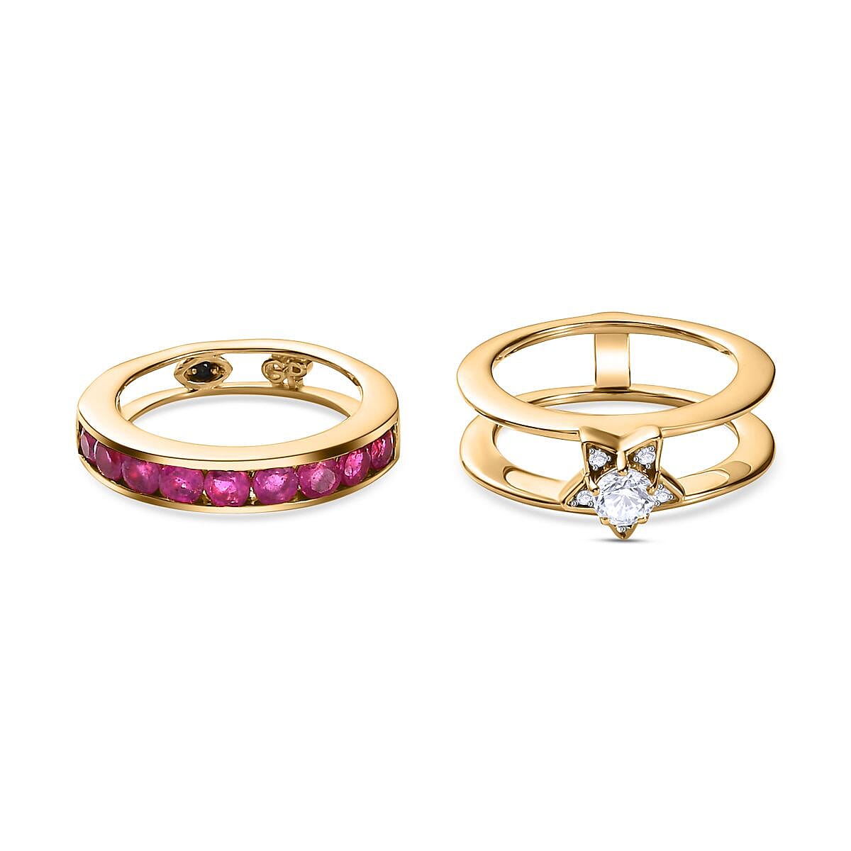 GP Celestial Collection - Set of 2 -  African Ruby & Moissanite Half -Eternity Band Ring in 18K Vermeil Yellow Gold Plated Sterling Silver 1.85 Ct.