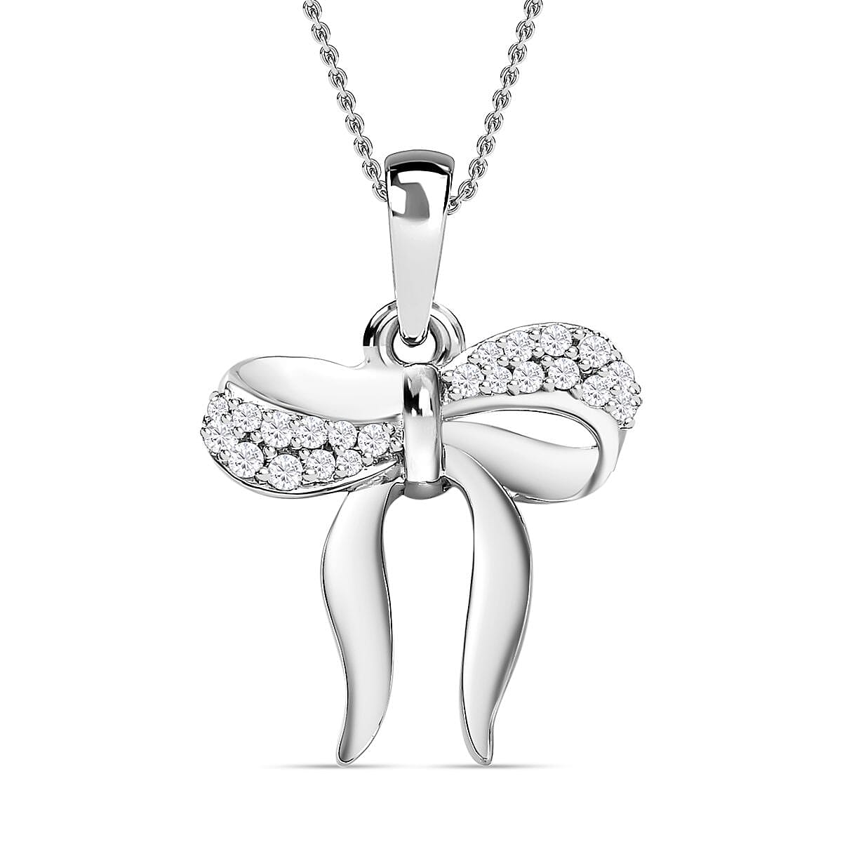 Moissanite Bow Tie Ribbon Pendant in Platinum Overlay Sterling Silver