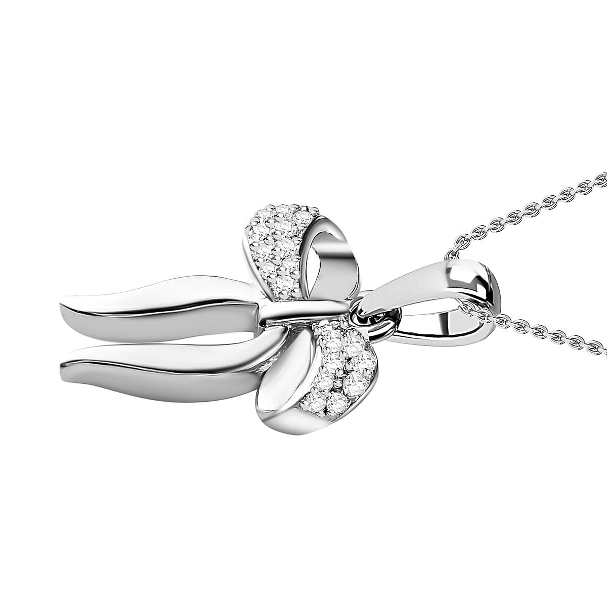 Moissanite Bow Tie Ribbon Pendant in Platinum Overlay Sterling Silver