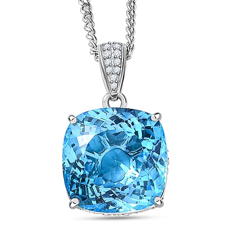 Blue Topaz, White Zircon Pendant with Curb Chain CD-60 (Size 20) in Platinum Overlay Sterling Silver 2.30 ct Silver Wt. 11 Gms 33.110 Ct. Blue Topaz, White Zircon Pendant with Curb Chain CD-60 (Size 20) in Platinum Overlay Sterling Silver 2.30 ct Silver Wt. 11 Gms 33.110 Ct.