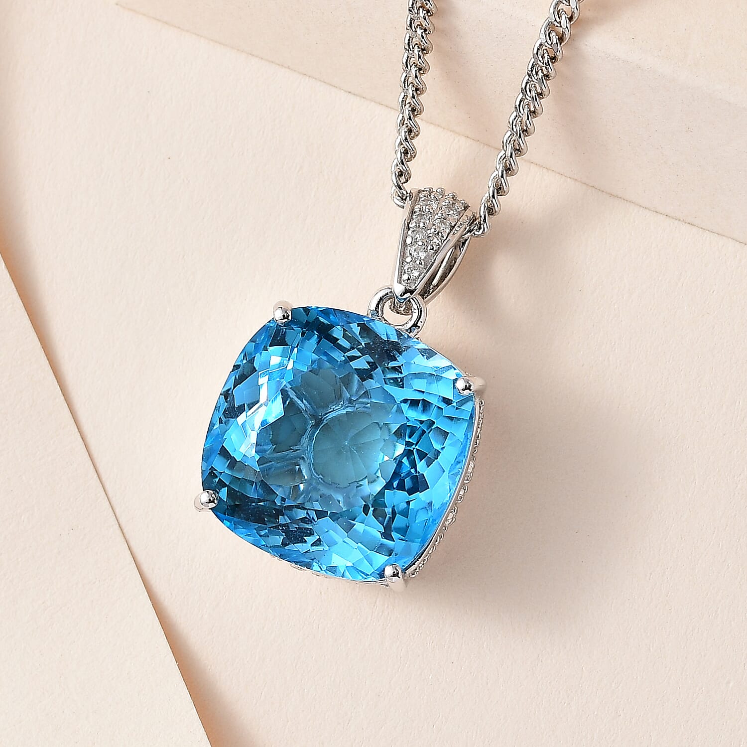 Blue Topaz & Natural Zircon Pendant with Chain (Size 20) in Platinum Overlay Sterling Silver 33.11 Ct, Silver Wt. 5.00 Gms