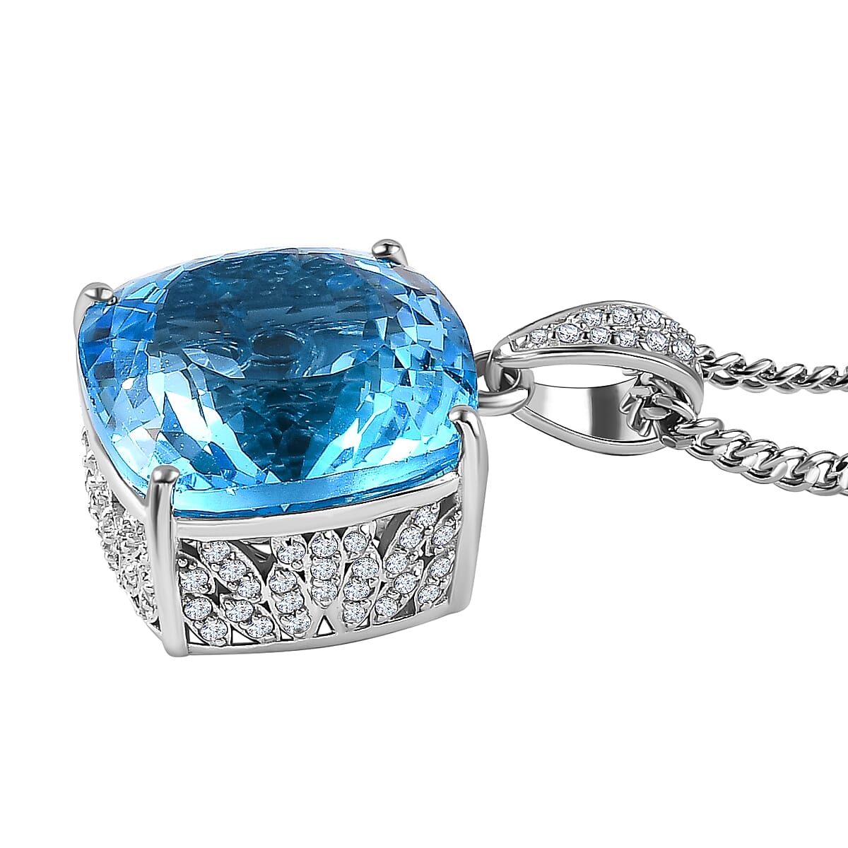 Blue Topaz & Natural Zircon Pendant with Chain (Size 20) in Platinum Overlay Sterling Silver 33.11 Ct, Silver Wt. 5.00 Gms