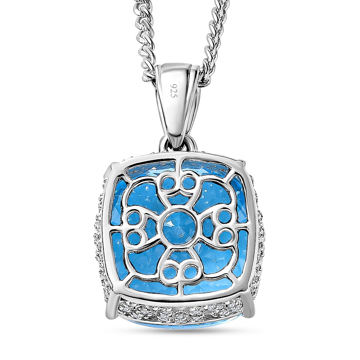 Blue Topaz & Natural Zircon Pendant with Chain (Size 20) in Platinum Overlay Sterling Silver 33.11 Ct, Silver Wt. 5.00 Gms