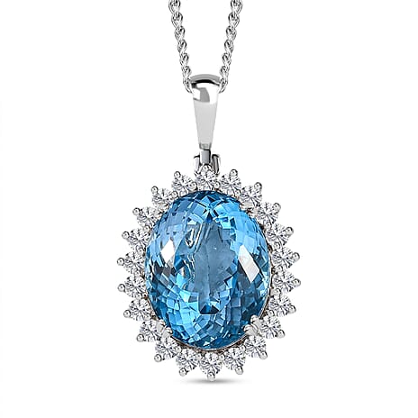 Blue Topaz, White Zircon Pendant with Curb Chain CD-60 (Size 20) in Platinum Overlay Sterling Silver 1.32 ct Silver Wt. 13 Gms 32.670 Ct. Blue Topaz, White Zircon Pendant with Curb Chain CD-60 (Size 20) in Platinum Overlay Sterling Silver 1.32 ct Silver Wt. 13 Gms 32.670 Ct.