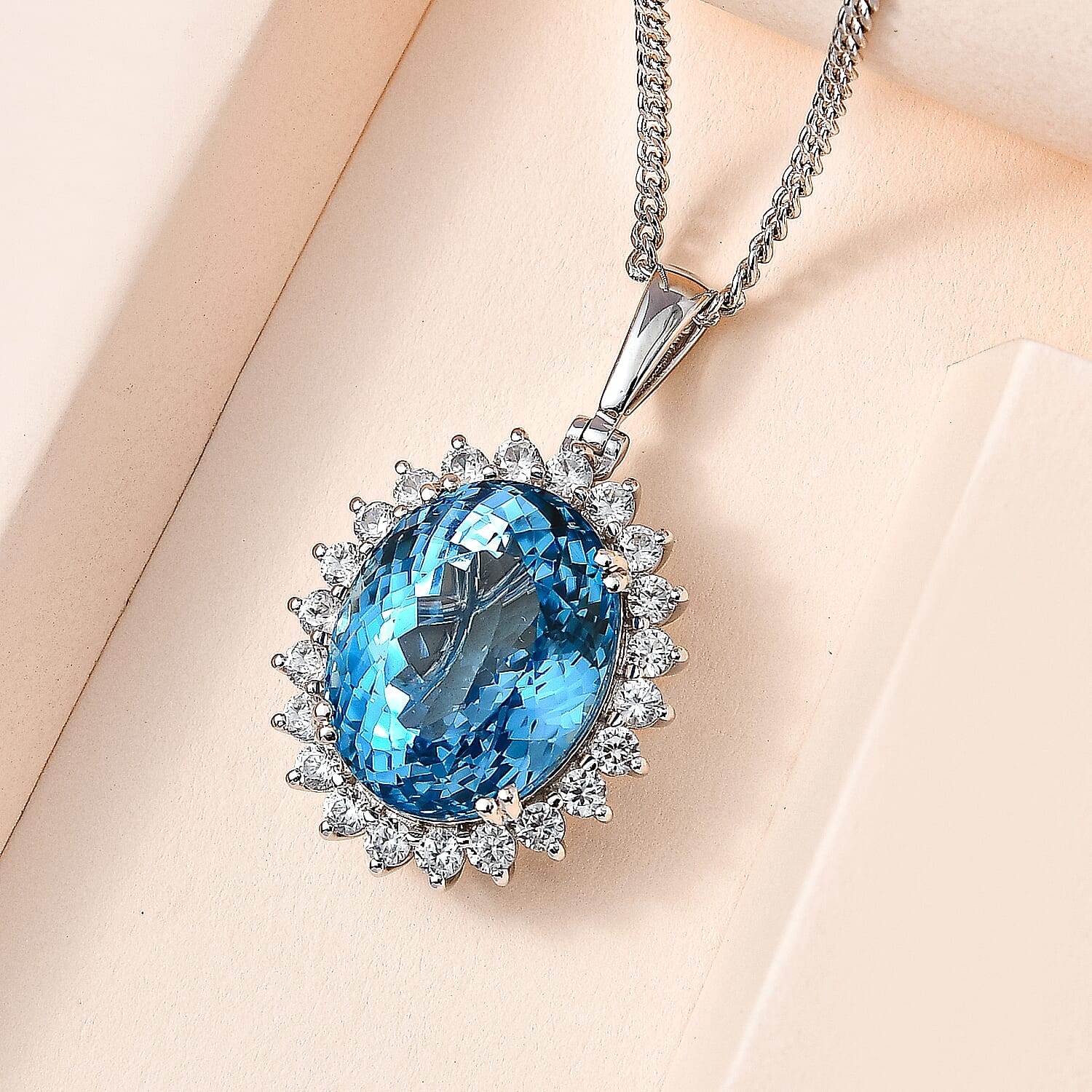 Blue Topaz & Natural Zircon Halo Pendant with Curb Chain (Size 20) in Platinum Overlay Sterling Silver 32.67 Ct, Silver Wt. 7.00 Gms