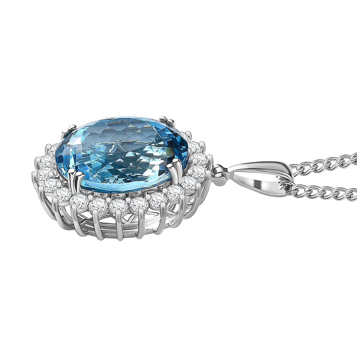 Blue Topaz & Natural Zircon Halo Pendant with Curb Chain (Size 20) in Platinum Overlay Sterling Silver 32.67 Ct, Silver Wt. 7.00 Gms