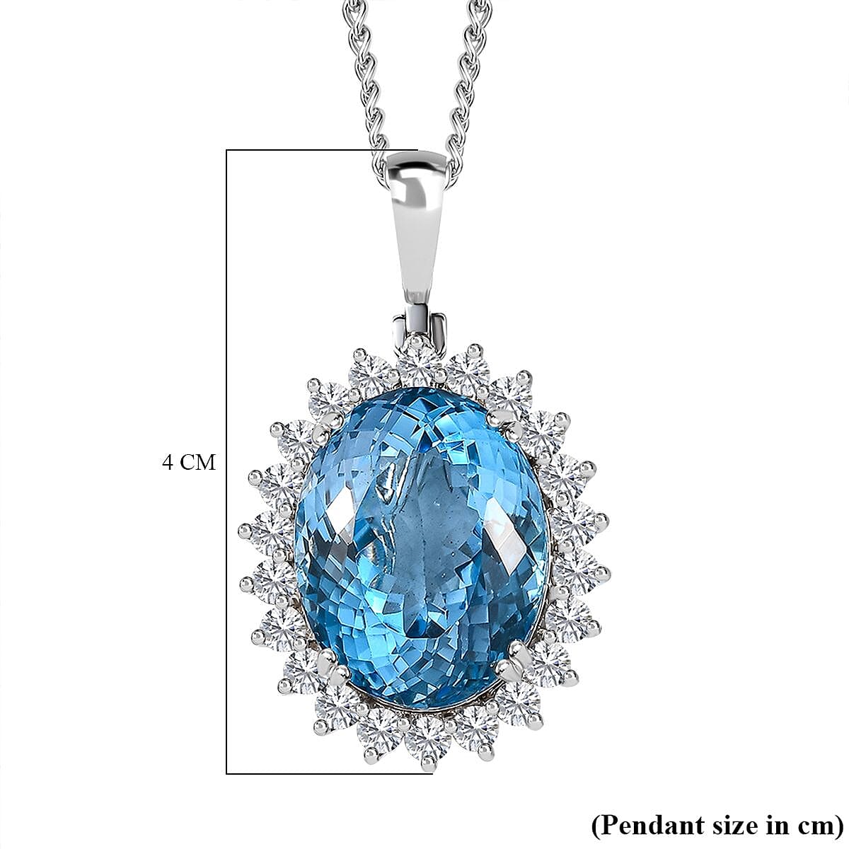 Blue Topaz & Natural Zircon Halo Pendant with Curb Chain (Size 20) in Platinum Overlay Sterling Silver 32.67 Ct, Silver Wt. 7.00 Gms