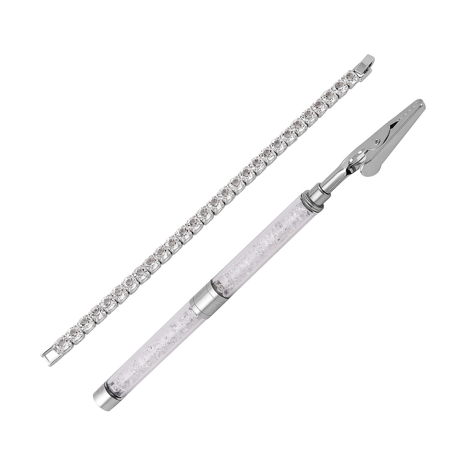 2 Piece Set -  White Austrian Crystal Bracelet (7.5) and Bracelet Holder in Silver Tone