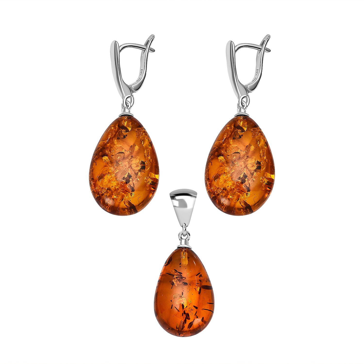 2 Piece Set - Baltic Amber Solitaire Pendant and Earrings in Sterling Silver