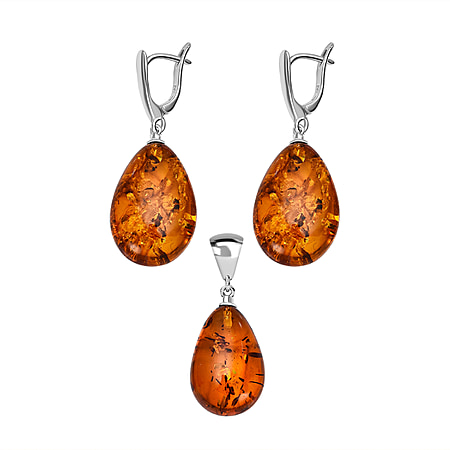 2 Piece Set -  Amber Pendant and Earrings with Clasp in Sterling Silver