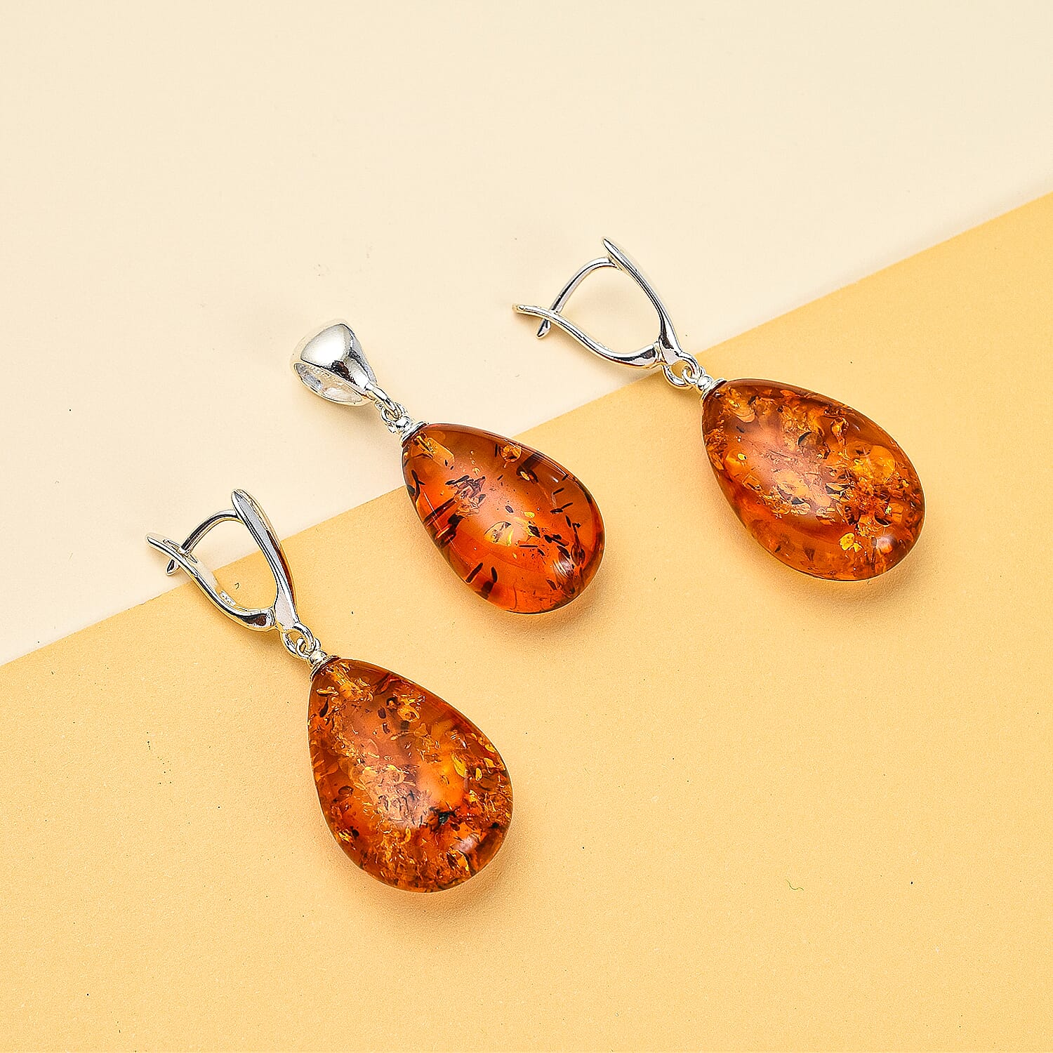2 Piece Set - Baltic Amber Solitaire Pendant and Earrings in Sterling Silver
