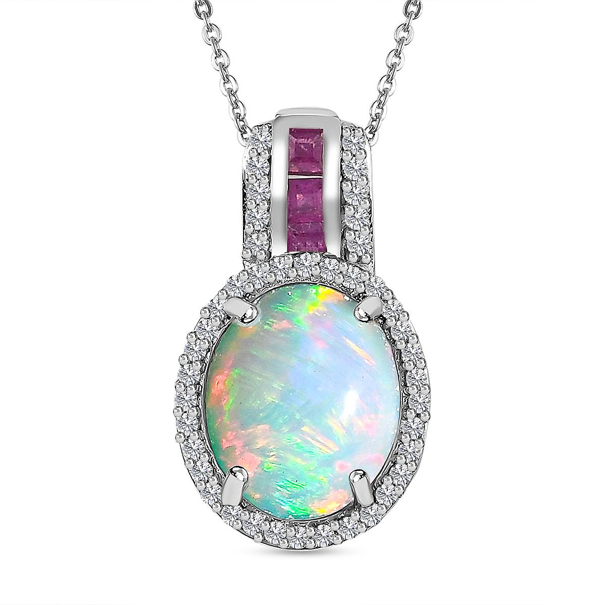 Ethiopian Welo Opal, African Ruby and Natural Zircon Pendant with Chain (Size 20) in Platinum Overlay Sterling Silver 2.40 Ct.