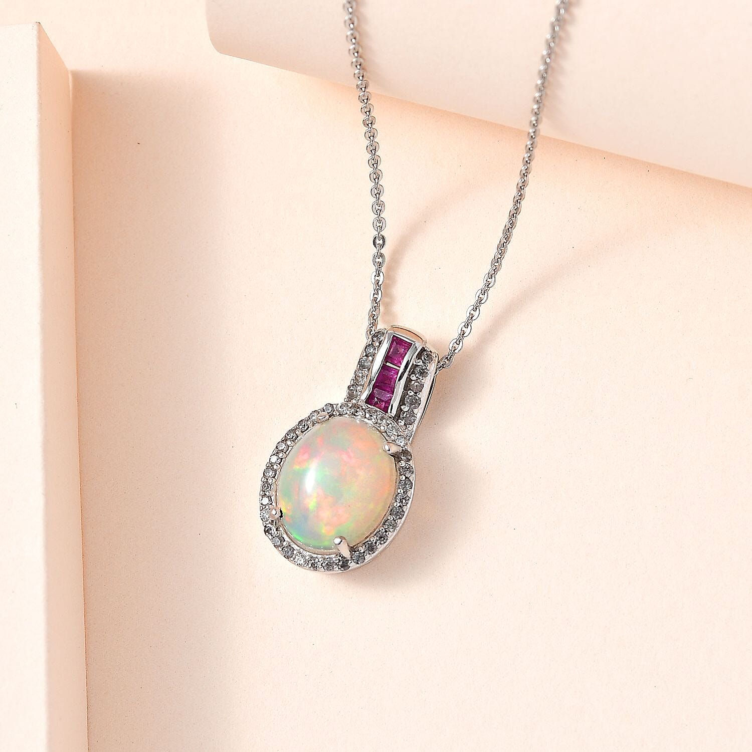 Ethiopian Welo Opal, African Ruby and Natural Zircon Pendant with Chain (Size 20) in Platinum Overlay Sterling Silver 2.40 Ct.
