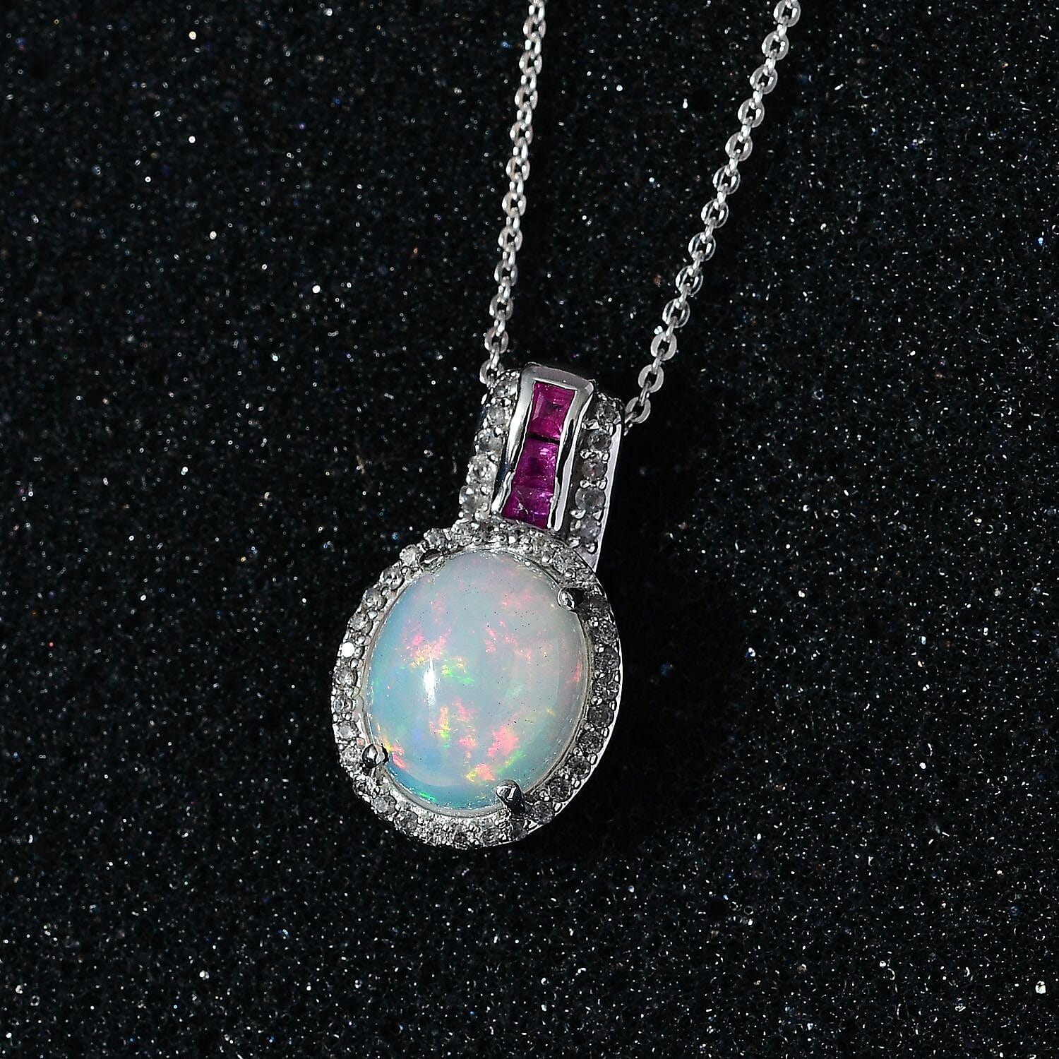 Ethiopian Welo Opal, African Ruby and Natural Zircon Pendant with Chain (Size 20) in Platinum Overlay Sterling Silver 2.40 Ct.