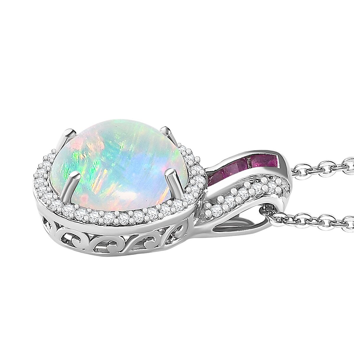 Ethiopian Welo Opal, African Ruby and Natural Zircon Pendant with Chain (Size 20) in Platinum Overlay Sterling Silver 2.40 Ct.