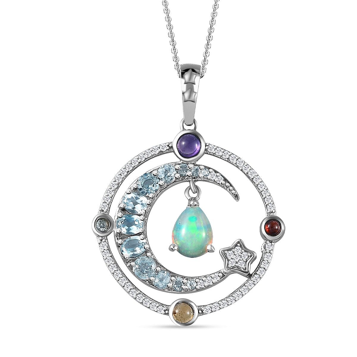 GP Celestial Dream Collection - Ethiopian Welo Opal & Multi Gemstone Pendant with Chain (Size 20) in Platinum Overlay Sterling Silver 3.33 Ct, Silver Wt. 7.00 Gms