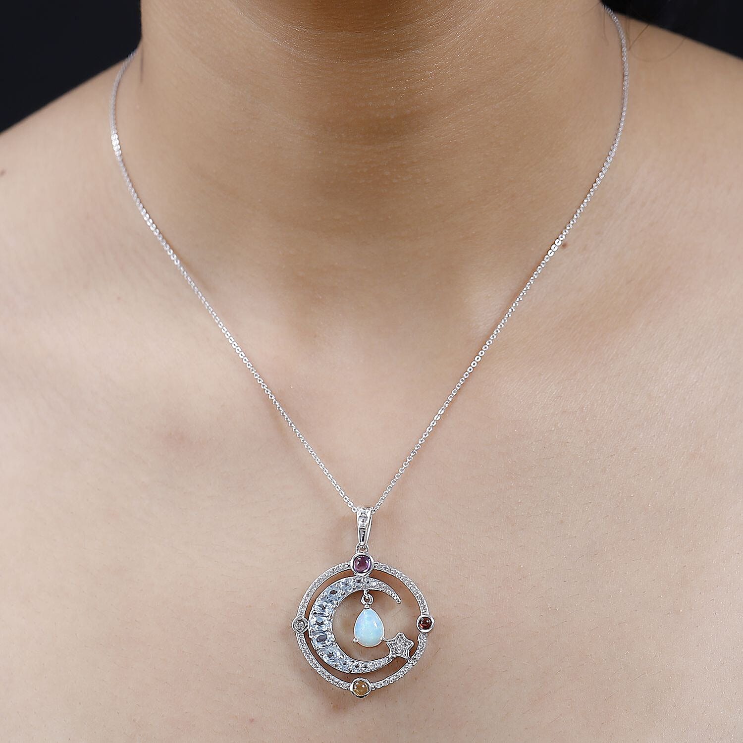 GP Celestial Dream Collection - Ethiopian Welo Opal & Multi Gemstone Pendant with Chain (Size 20) in Platinum Overlay Sterling Silver 3.33 Ct, Silver Wt. 7.00 Gms