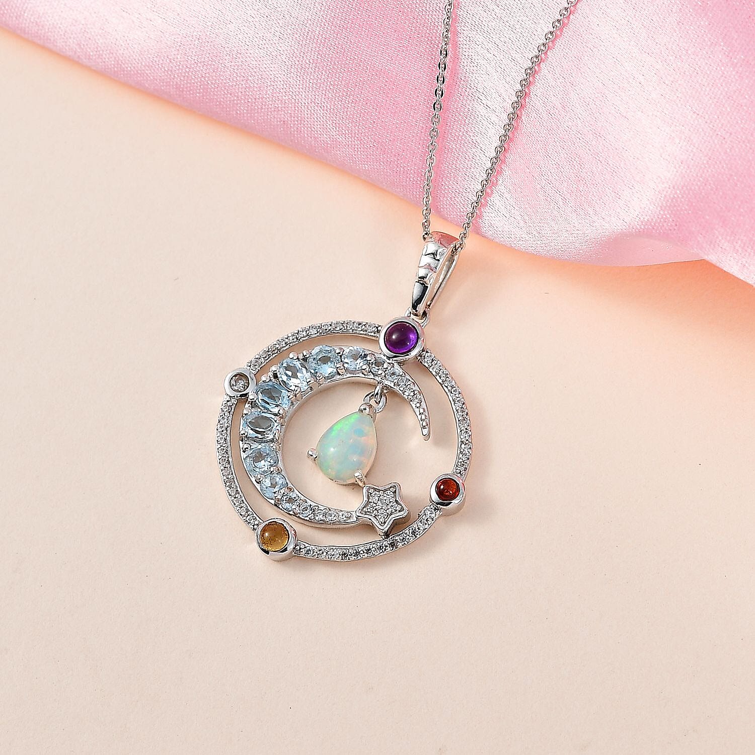 GP Celestial Dream Collection - Ethiopian Welo Opal & Multi Gemstone Pendant with Chain (Size 20) in Platinum Overlay Sterling Silver 3.33 Ct, Silver Wt. 7.00 Gms