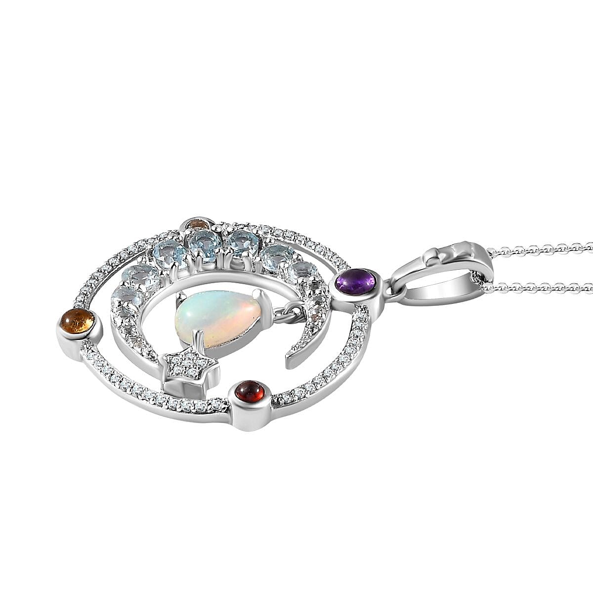 GP Celestial Dream Collection - Ethiopian Welo Opal & Multi Gemstone Pendant with Chain (Size 20) in Platinum Overlay Sterling Silver 3.33 Ct, Silver Wt. 7.00 Gms