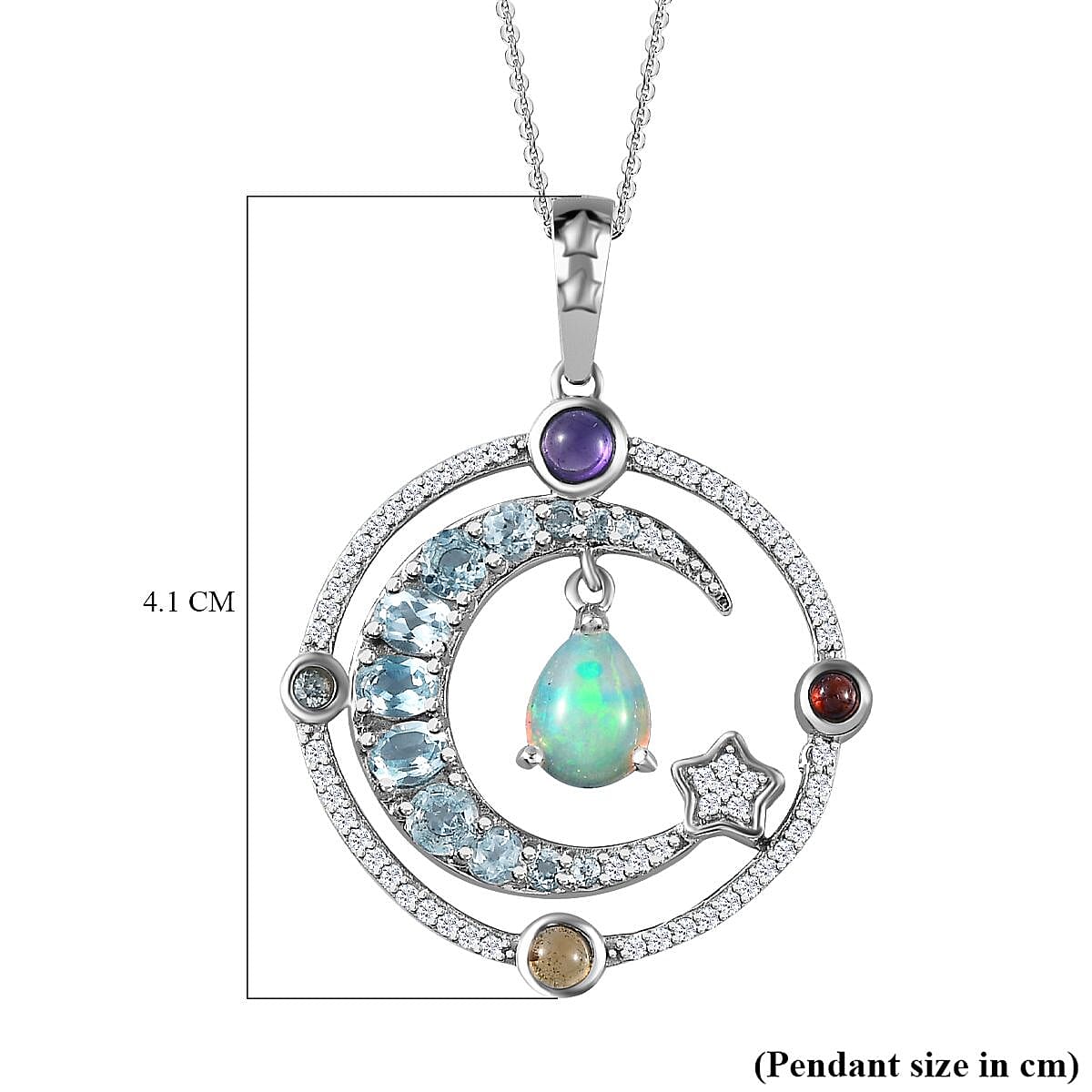 GP Celestial Dream Collection - Ethiopian Welo Opal & Multi Gemstone Pendant with Chain (Size 20) in Platinum Overlay Sterling Silver 3.33 Ct, Silver Wt. 7.00 Gms