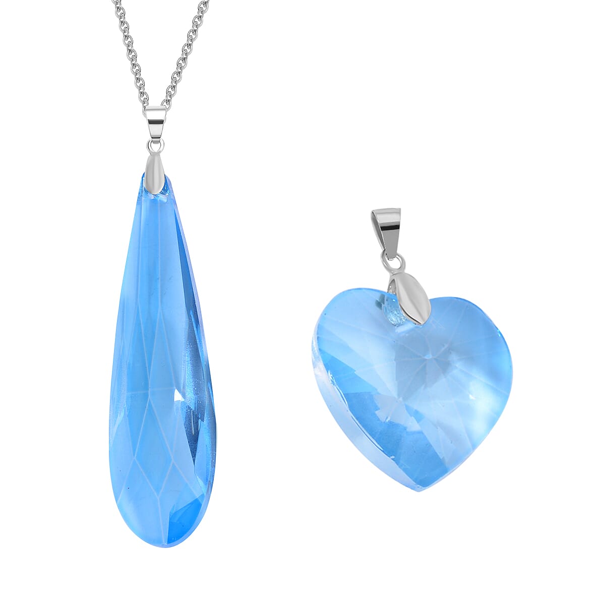  2 Piece Set - Blue Crystal Pendant with Chain (Size 23.5) Pure White Brass 0.020 Ct.