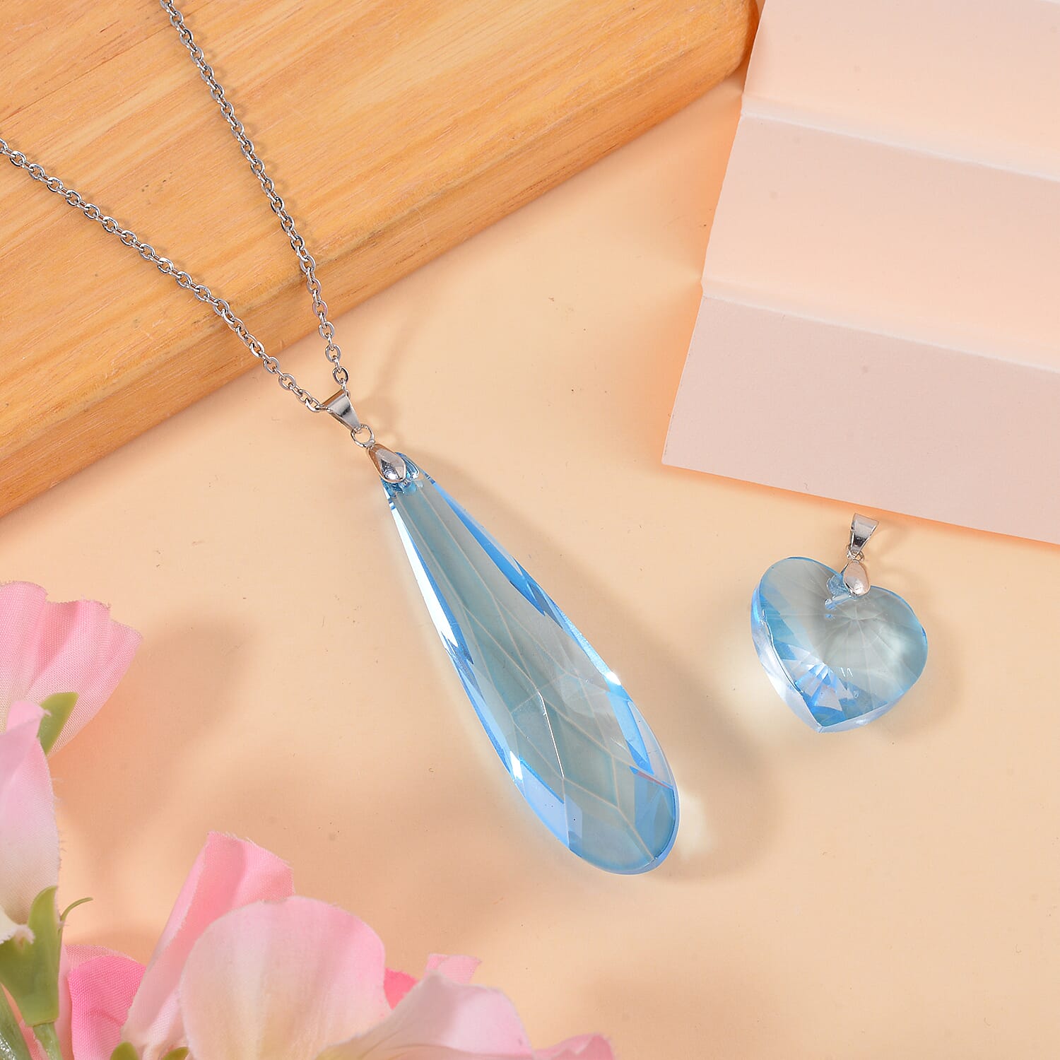  2 Piece Set - Blue Crystal Pendant with Chain (Size 23.5) Pure White Brass 0.020 Ct.