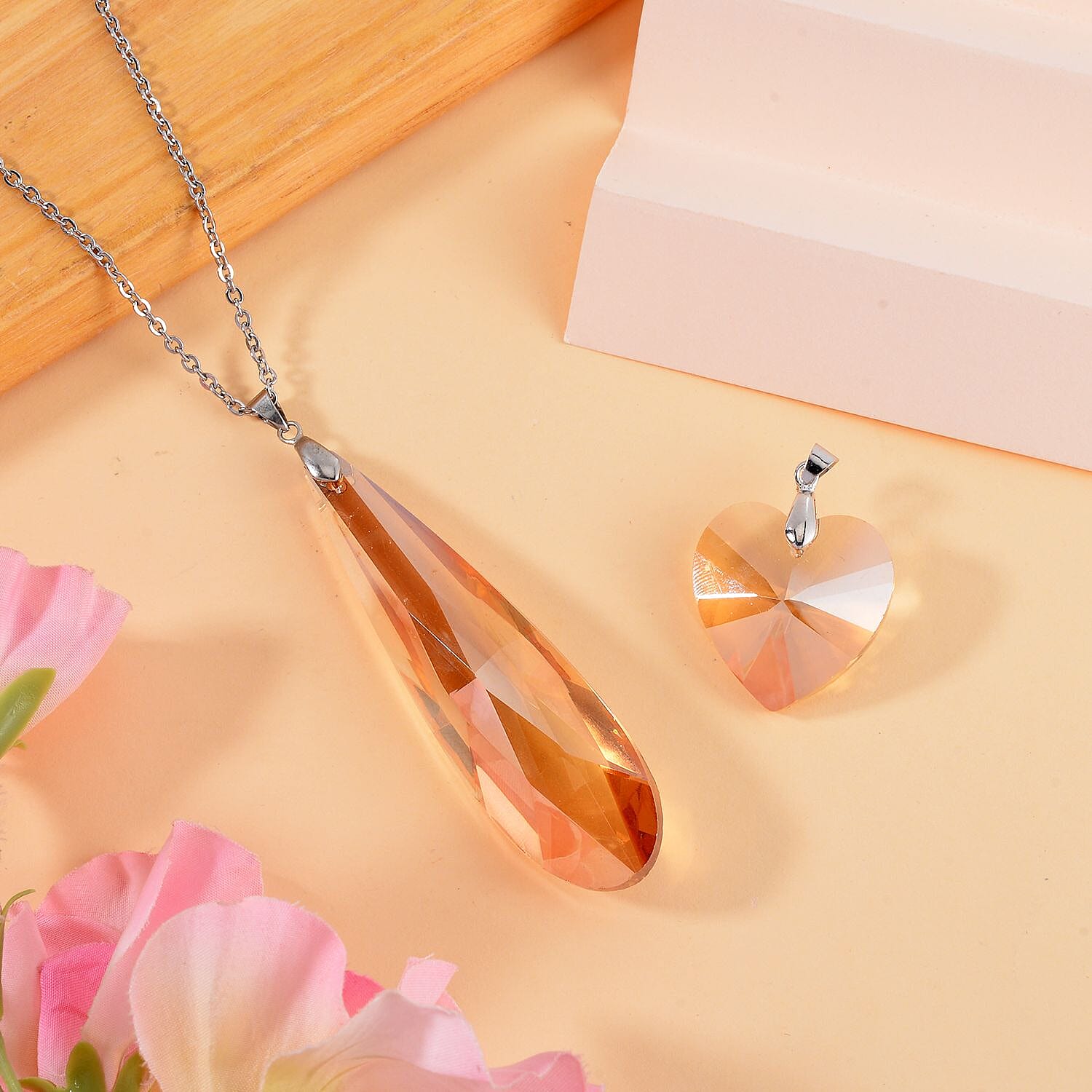 Set of 2 - Champagne Austrian Crystal Pendant with Chain (Size 23-2 Inch Ext.)