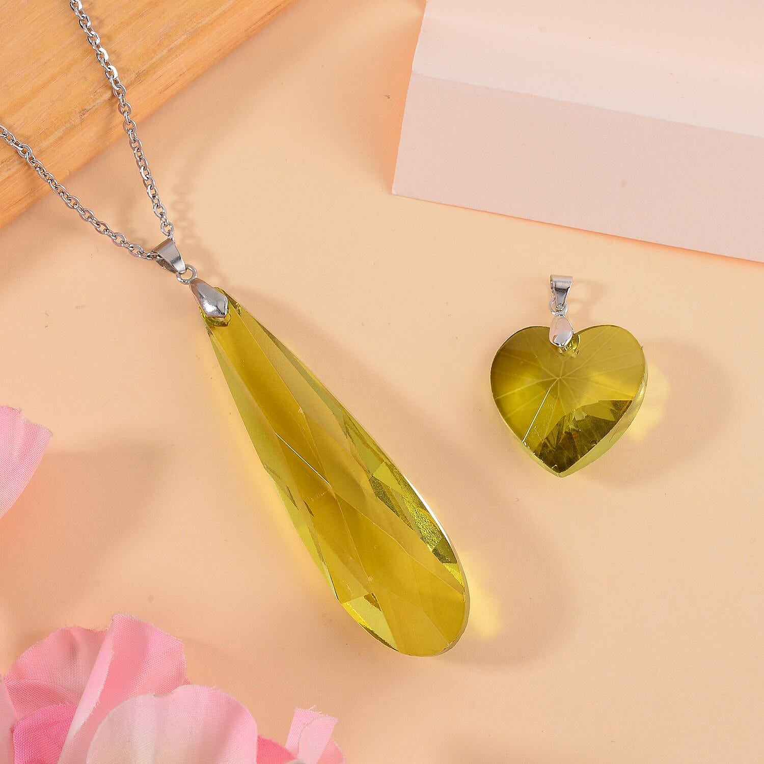 Set of 2 - Peridot Austrian Crystal Pendant with Chain (Size 23-2 Inch Ext.)