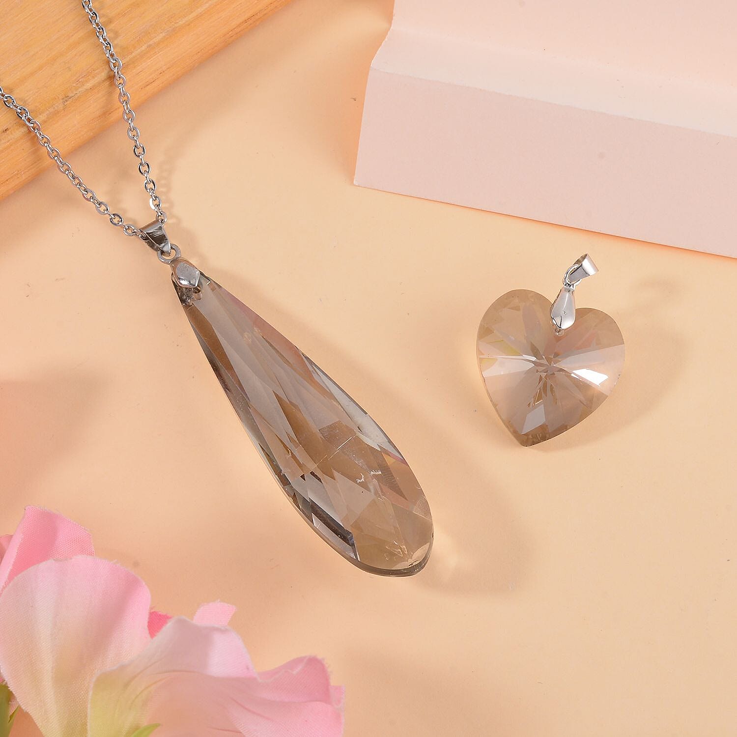 Set of 2 - Grey Austrian Crystal Pendant with Chain (Size 23-2 Inch Ext.)