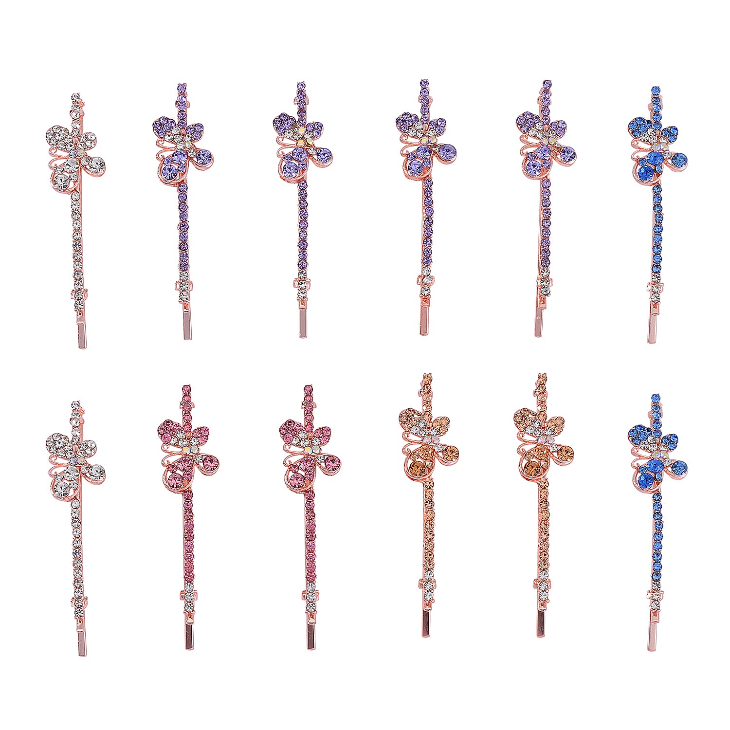 Set of 12 - Multi Austrian Crystal Floral Hair Clips